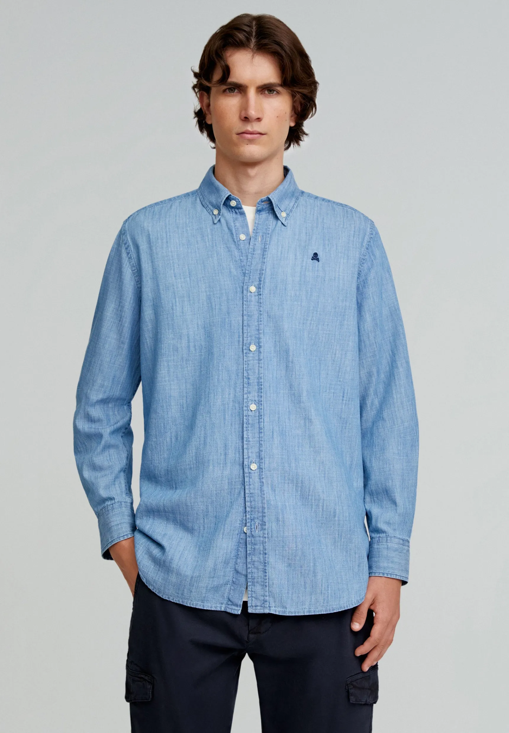 Scalpers Shirts | BUTTON-DOWN COLLAR DENIM SKULL SHIRT