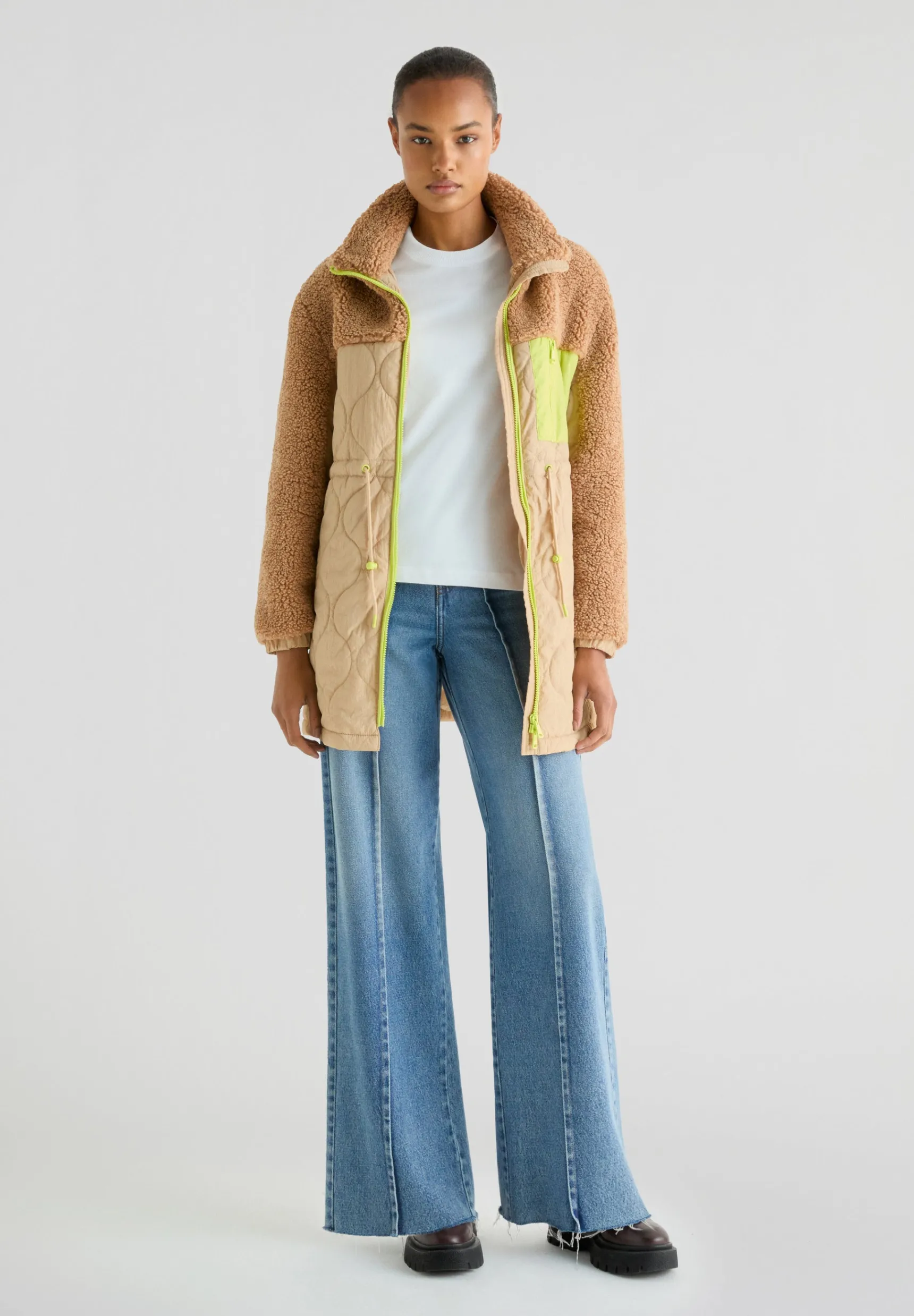 Scalpers Coats & Jackets | FLEECE PUFFER COAT WITH NEON DETAIL