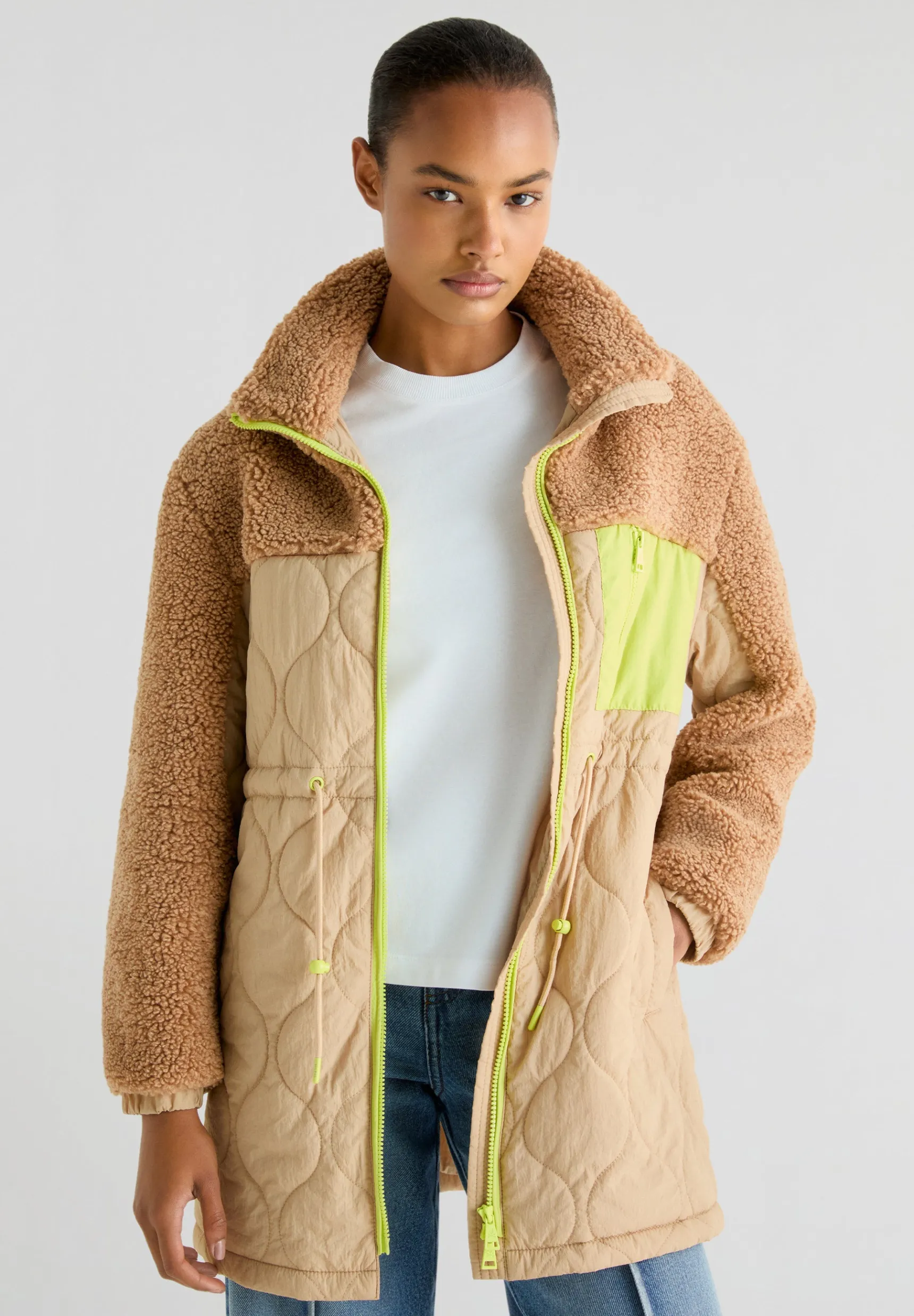 Scalpers Coats & Jackets | FLEECE PUFFER COAT WITH NEON DETAIL