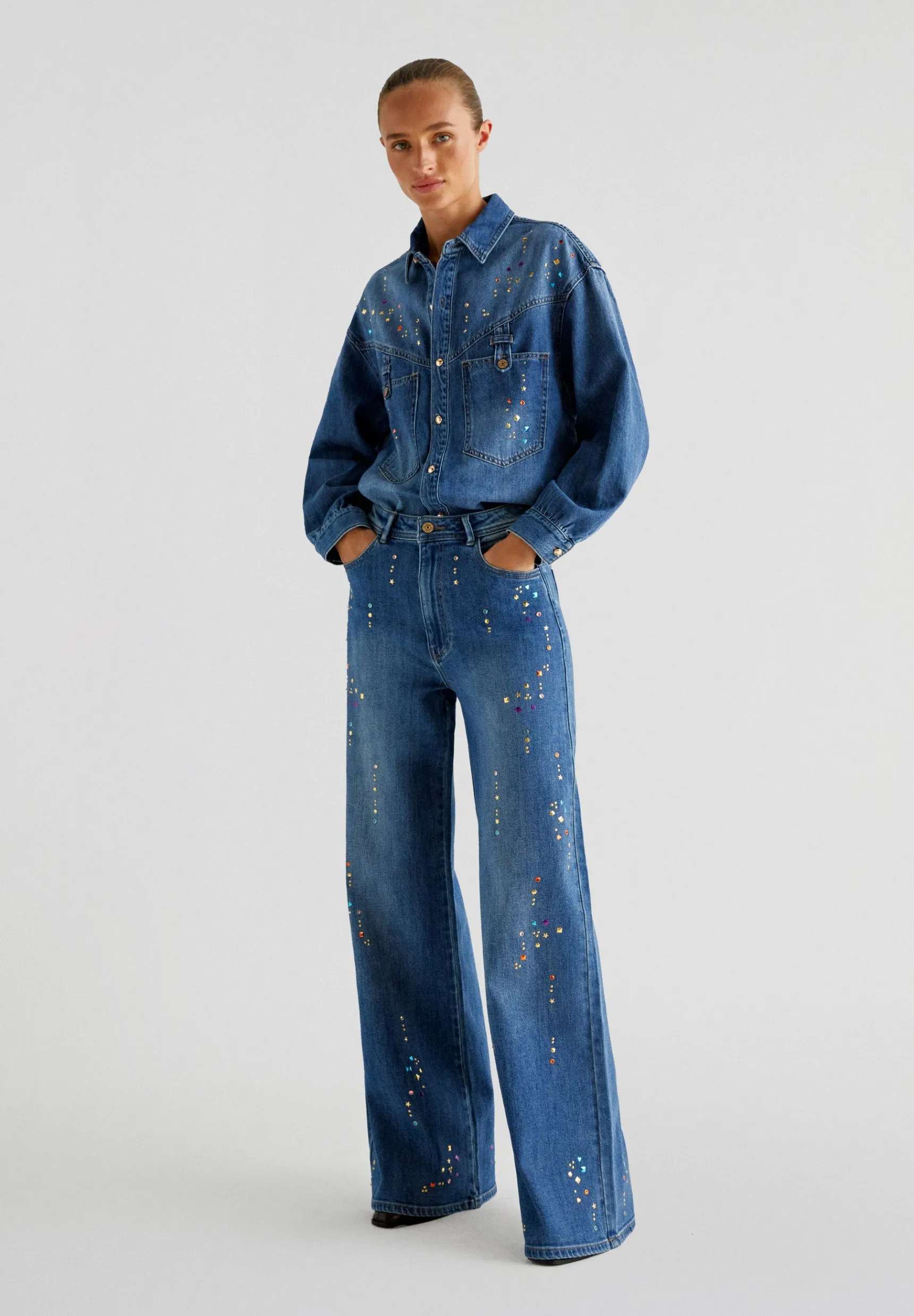 Scalpers Total Look | Shirts & Blouses | STRASS MULTICOLOR DENIM SHIRT