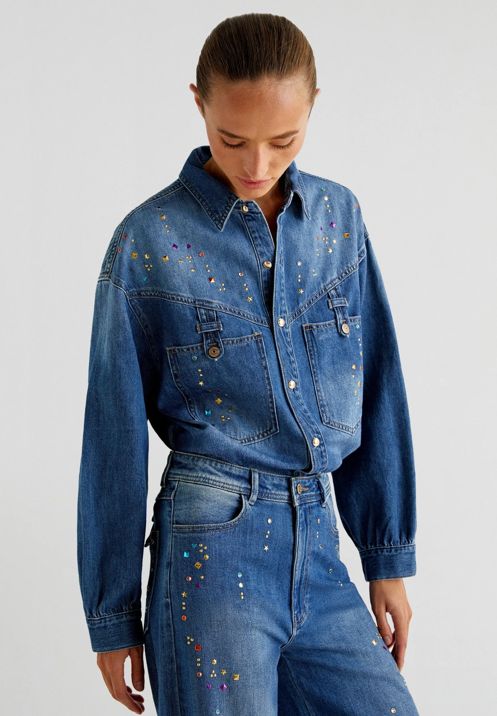 Scalpers Total Look | Shirts & Blouses | STRASS MULTICOLOR DENIM SHIRT