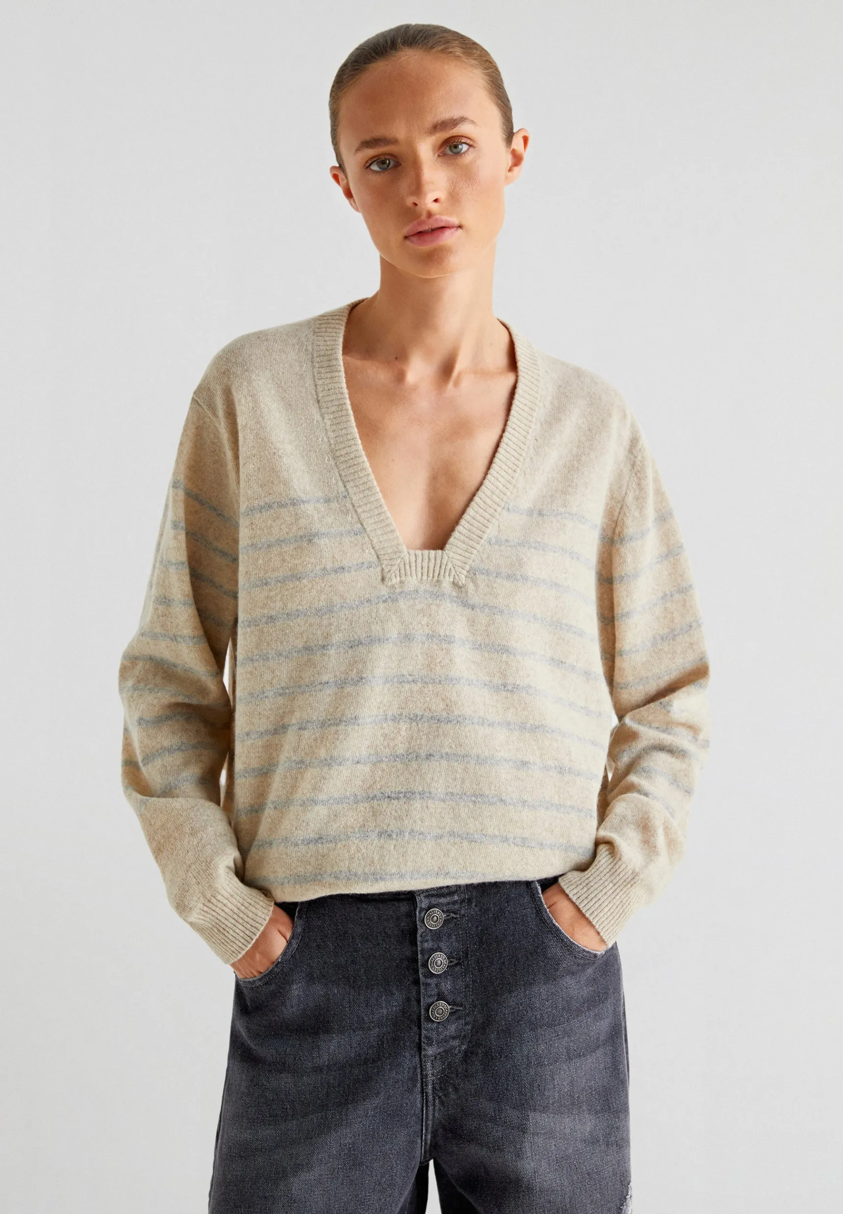 Scalpers Sweaters & Cardigans | STRIPED SQUARE-CUT NECKLINE SWEATER